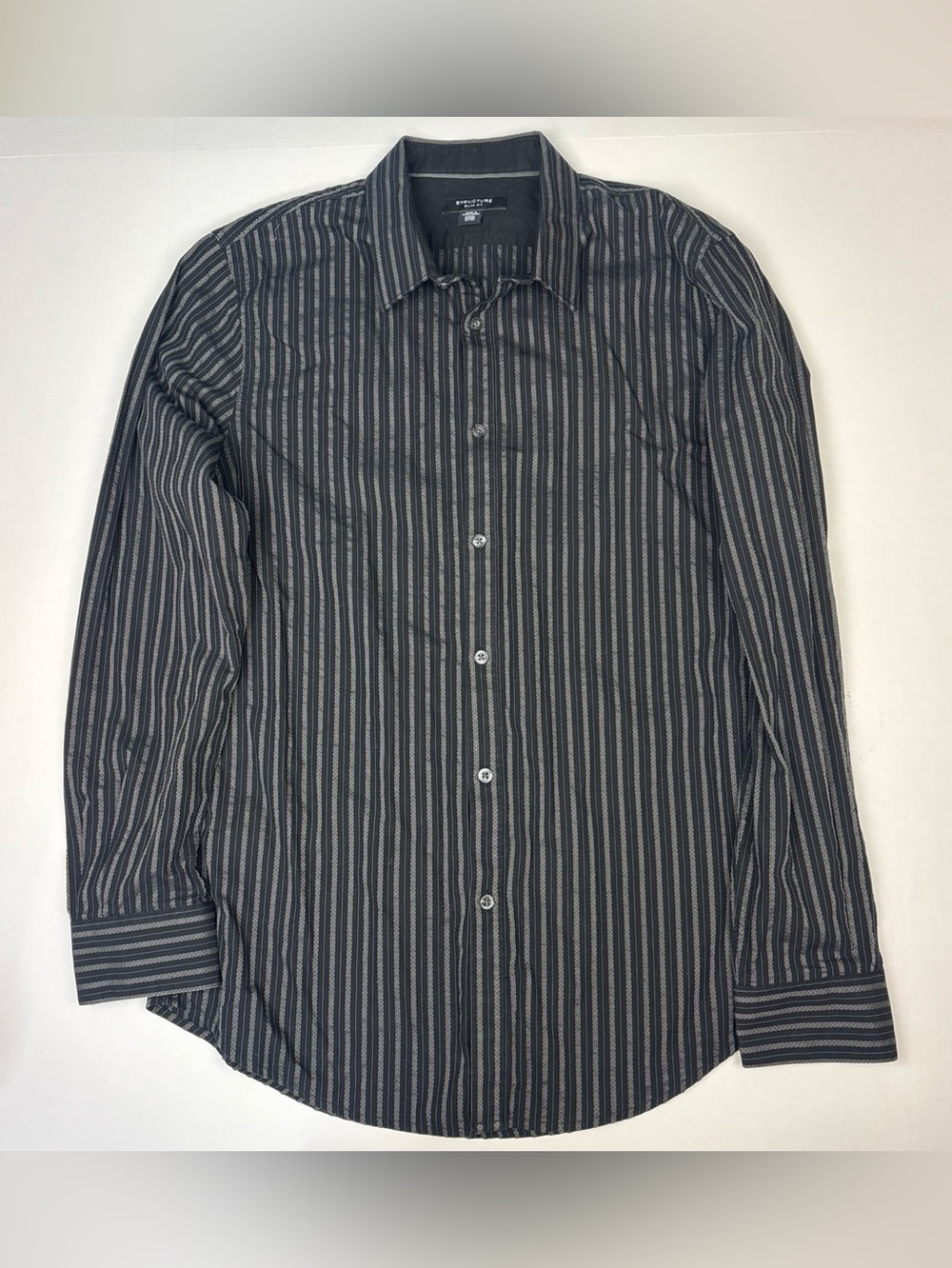 Structure Men Large Shirt Slim Fit Black Gray Stripe Long Sleeve Button Cotton
